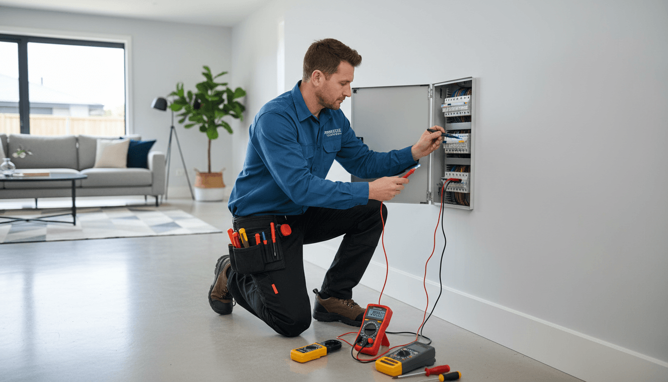 Electrician using testing equipment in a modern residential setting.