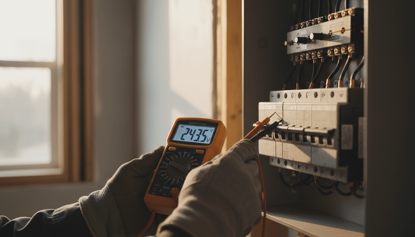 Electrician testing a circuit breaker panel with a digital multimeter