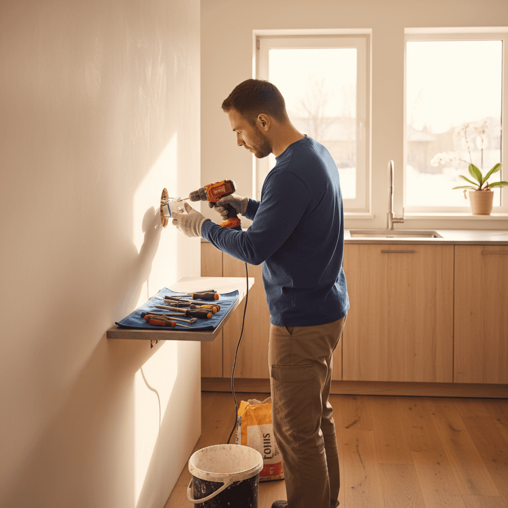 Domestic electrical outlet installation in residential kitchen