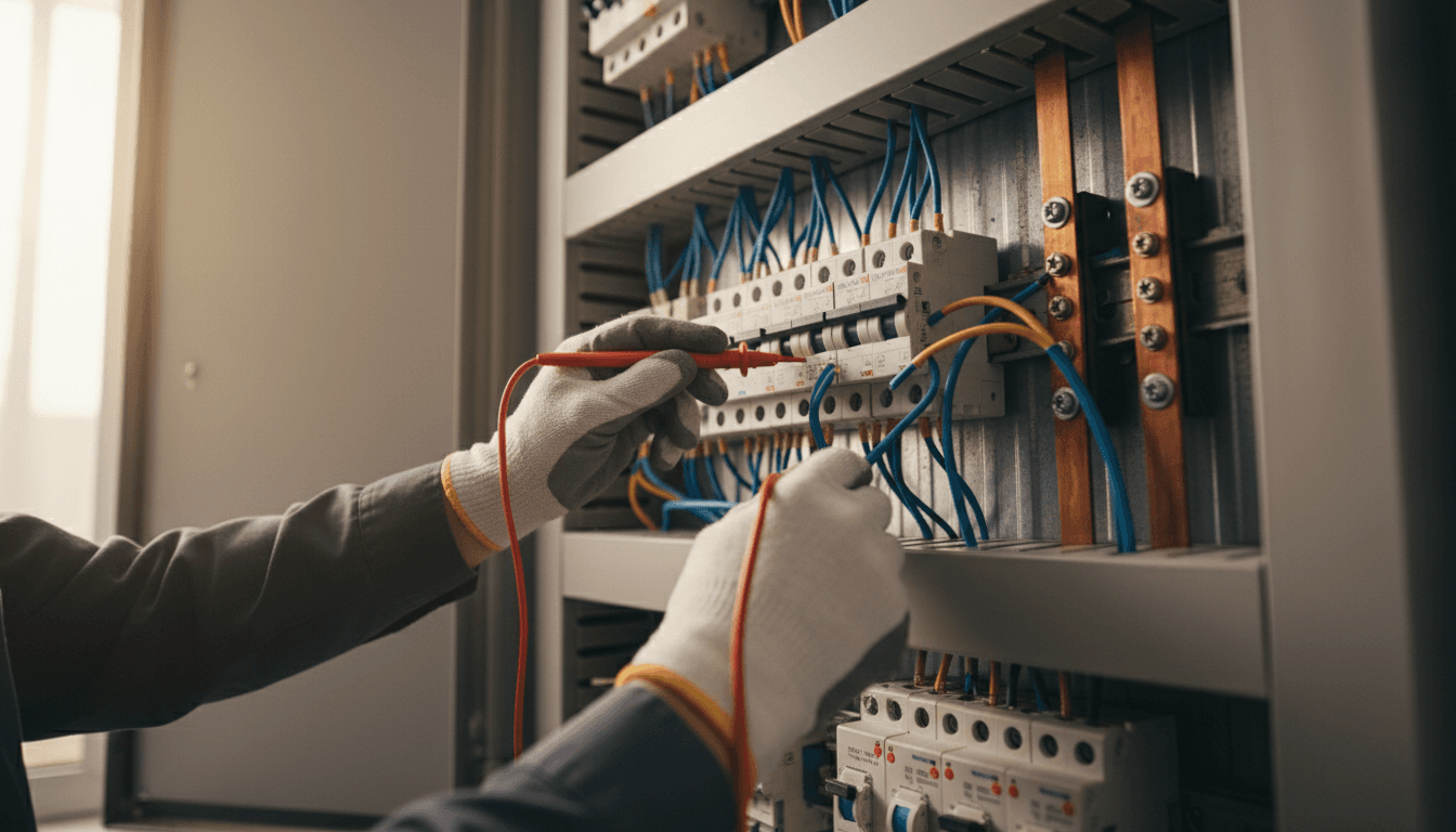 Electrician testing wiring in switchboard panel